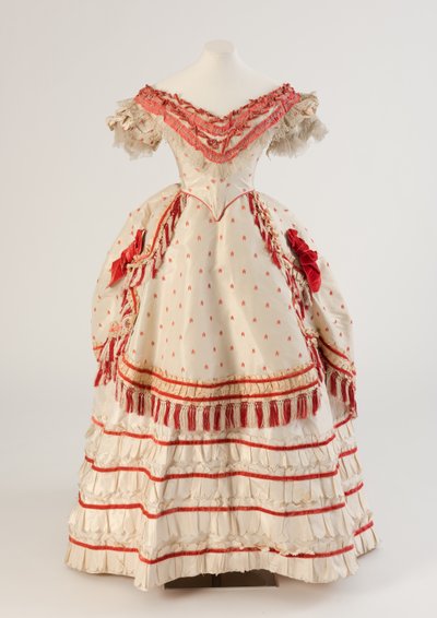 White and coral red woven silk evening dress, 1870 by Unbekannt Unbekannt